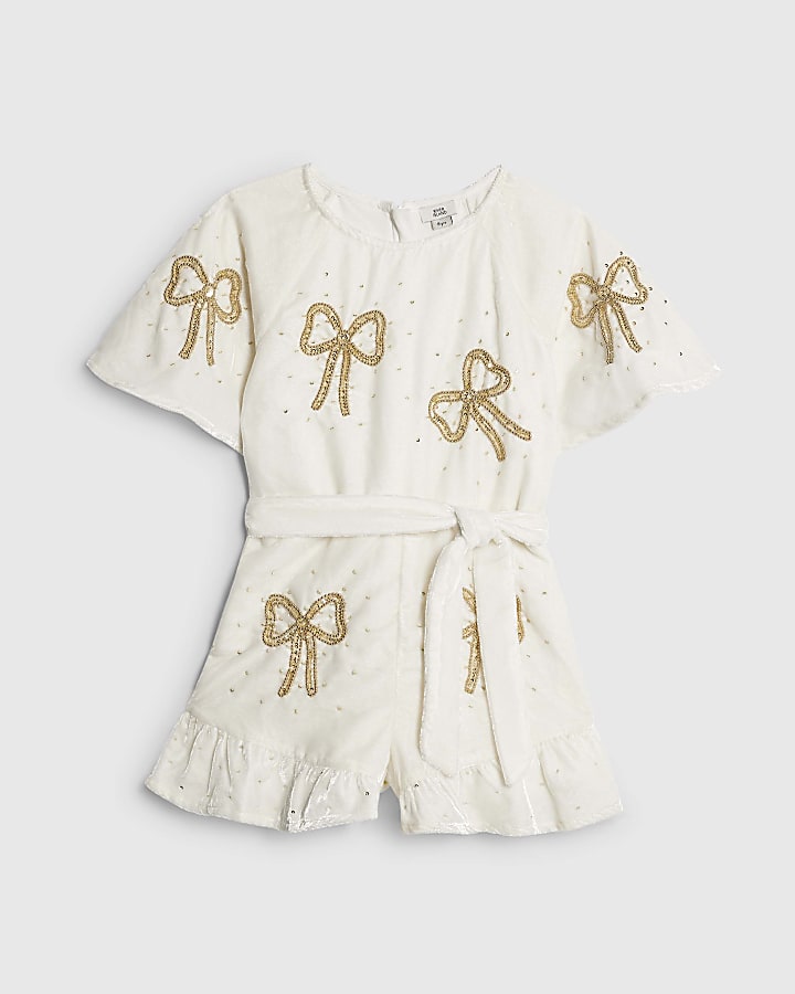 Girls Cream Velvet Bow Playsuit