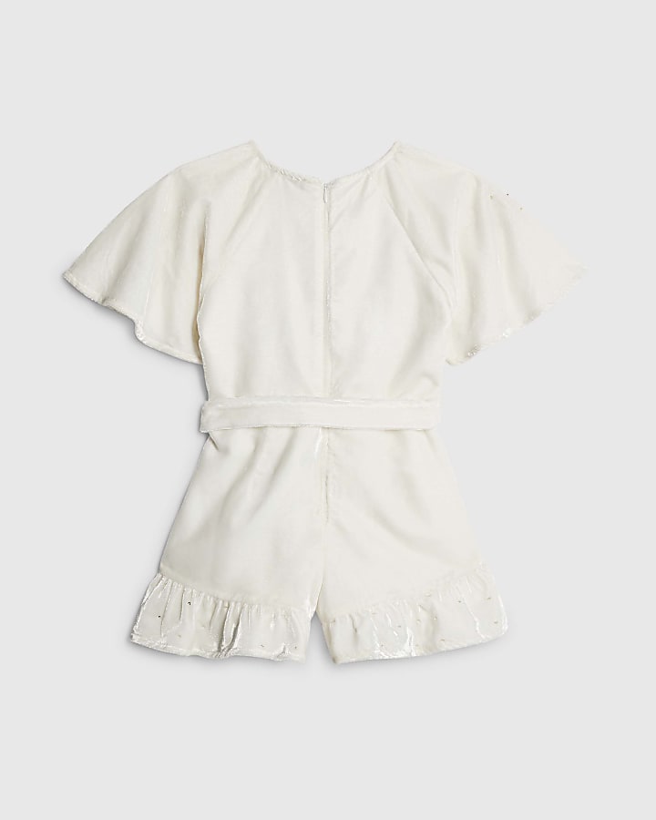 Girls Cream Velvet Bow Playsuit