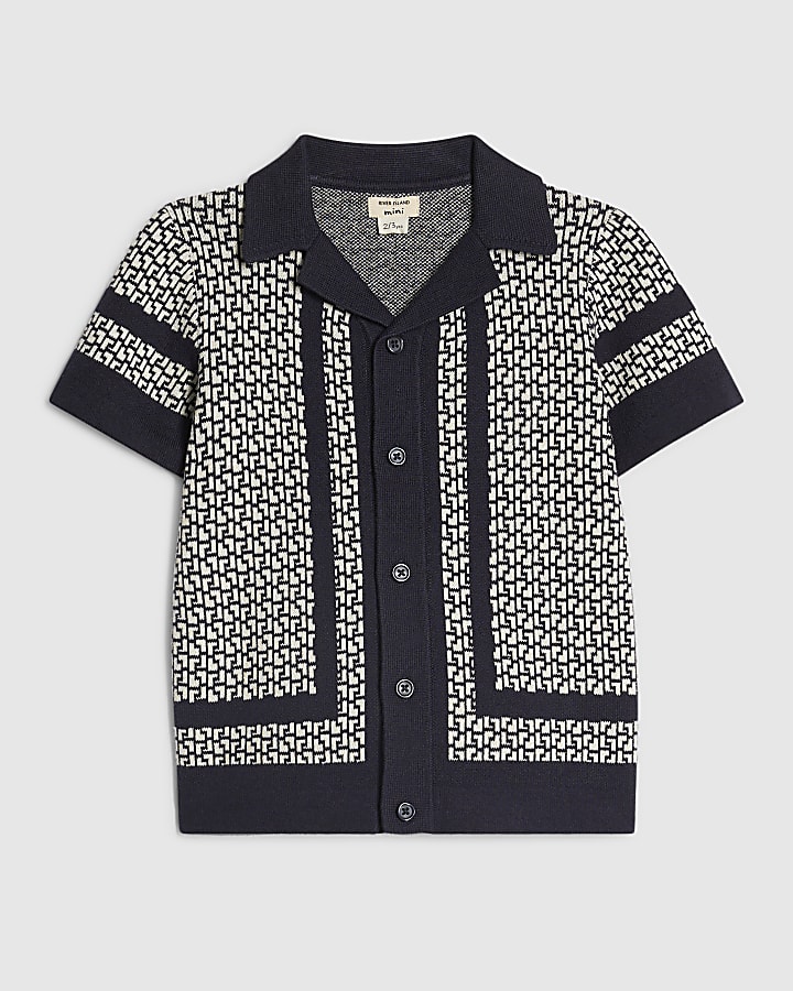 Mini Boys Navy Geometric Print Polo Shirt