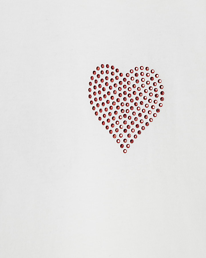 Girls White Heart Studded Wordie T-Shirt