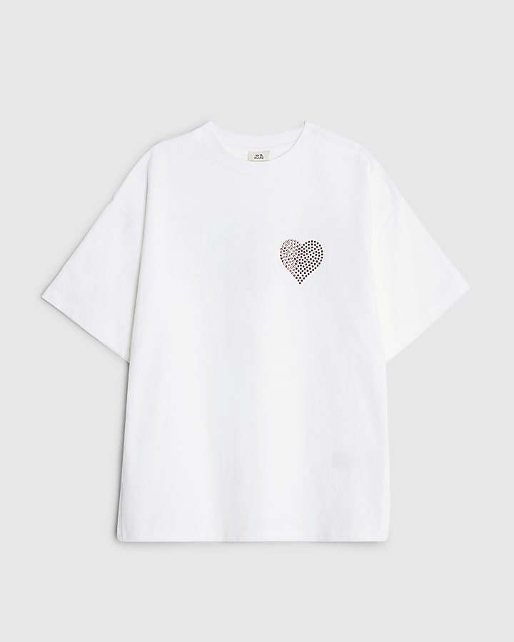 Girls White Heart Studded Wordie T-Shirt