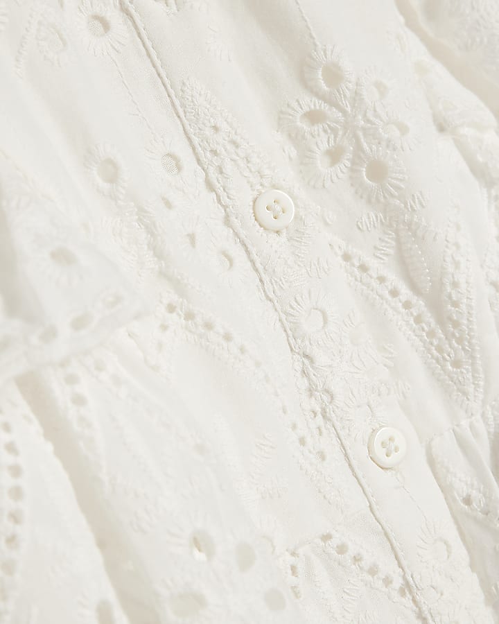 Mini Girls White Broderie Belted Shirt Dress