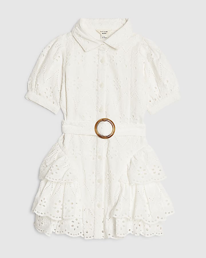 Mini Girls White Broderie Belted Shirt Dress