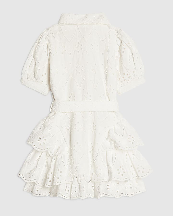 Mini Girls White Broderie Belted Shirt Dress