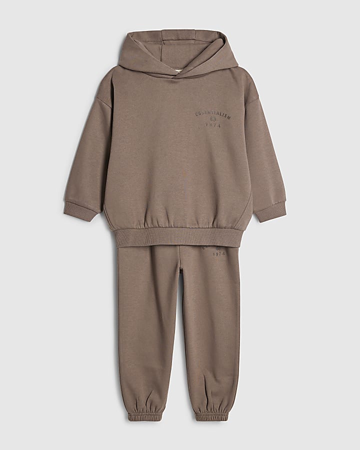 Mini Boys Brown Essentialism Hoodies Set