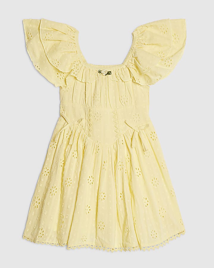 Mini Girls Yellow Broderie Rosette Dress