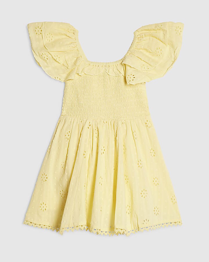 Mini Girls Yellow Broderie Rosette Dress