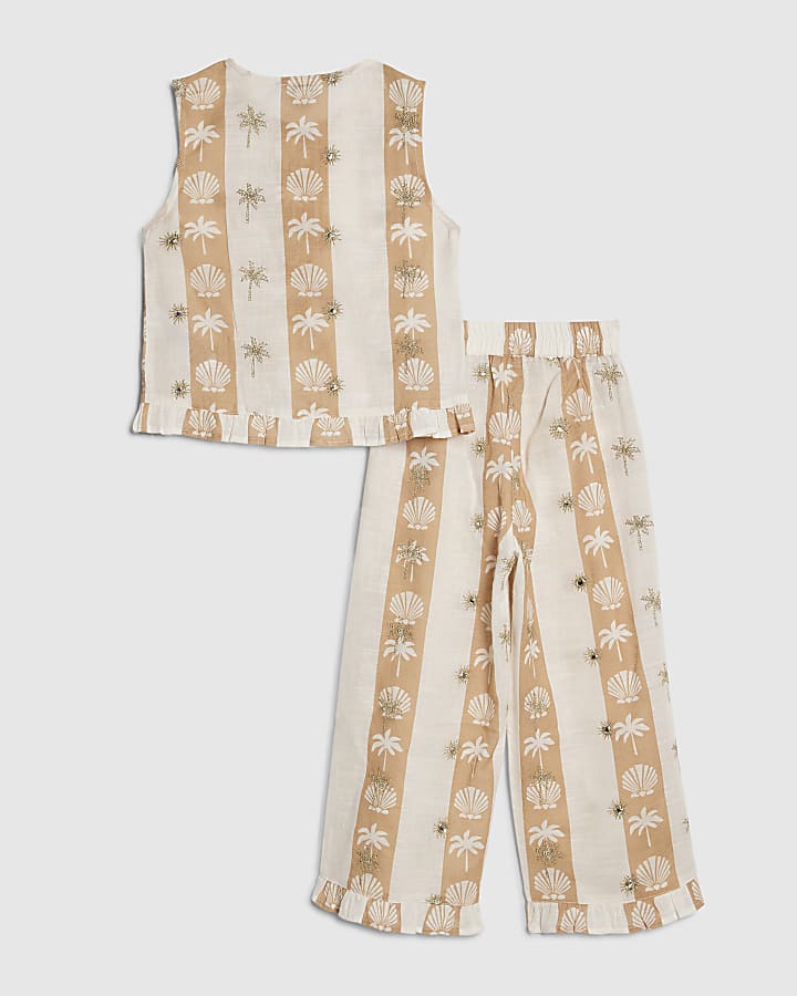 Mini Girls Cream Shell Stripe Trousers Set