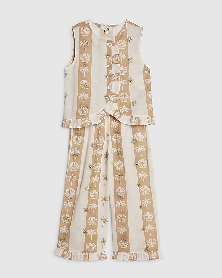 Mini Girls Cream Shell Stripe Trousers Set