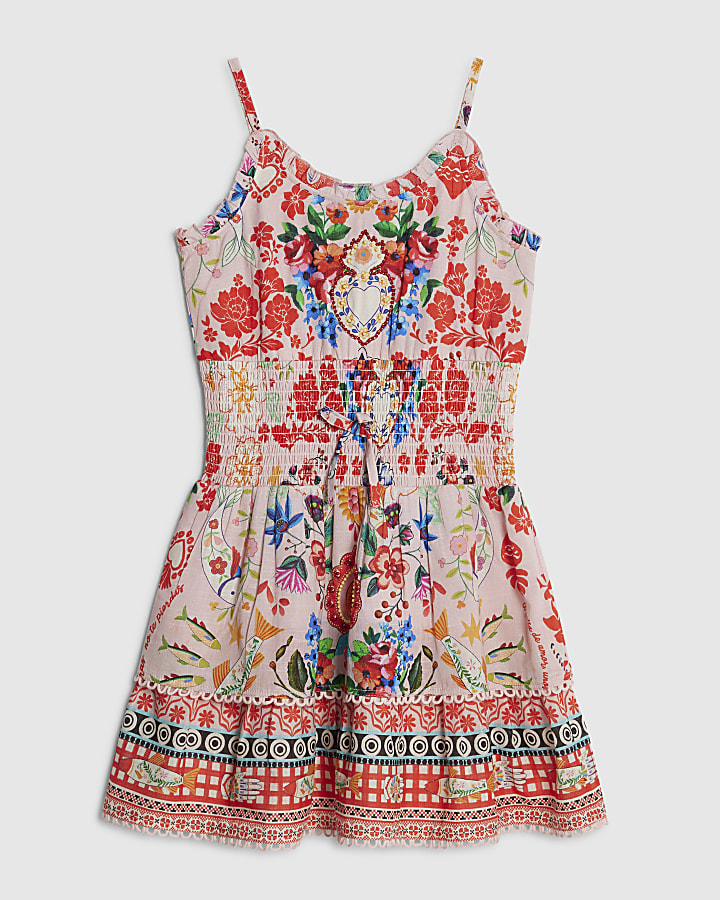 Girls Pink Mexicana Floral Mini Beach Dress