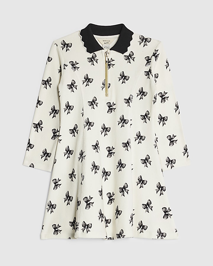 Mini Girls Ecru Bow Rib Polo Dress