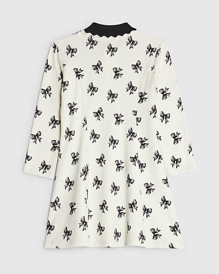 Mini Girls Ecru Bow Rib Polo Dress