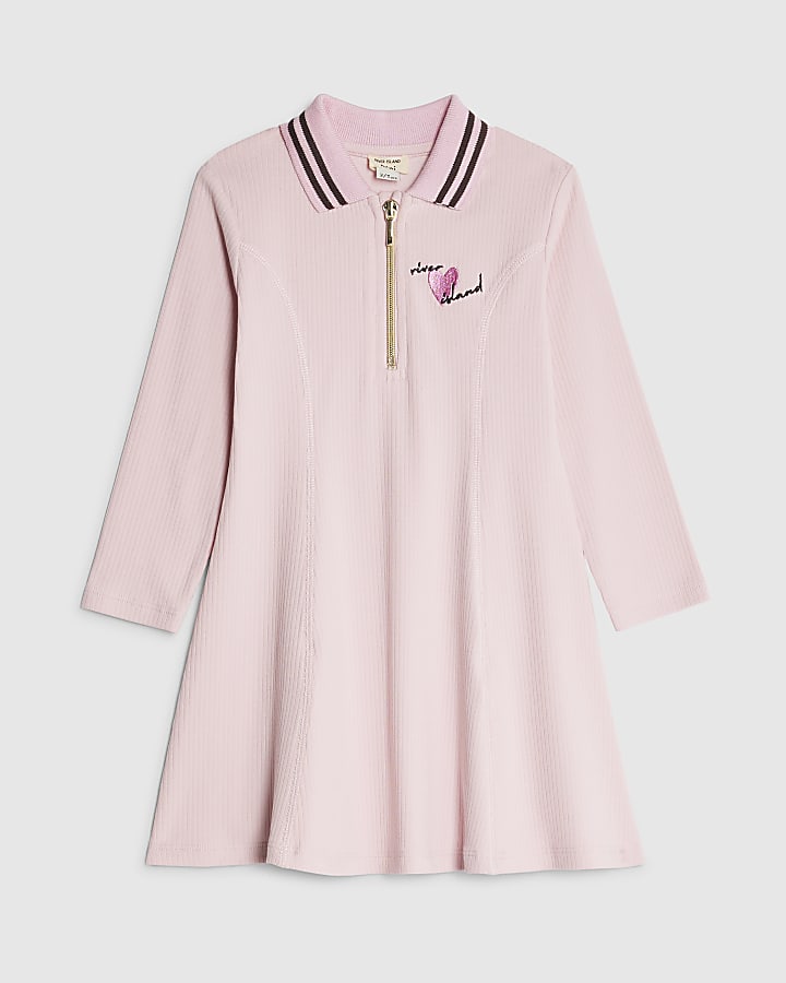 Mini Girls Pink Rib Polo Dress