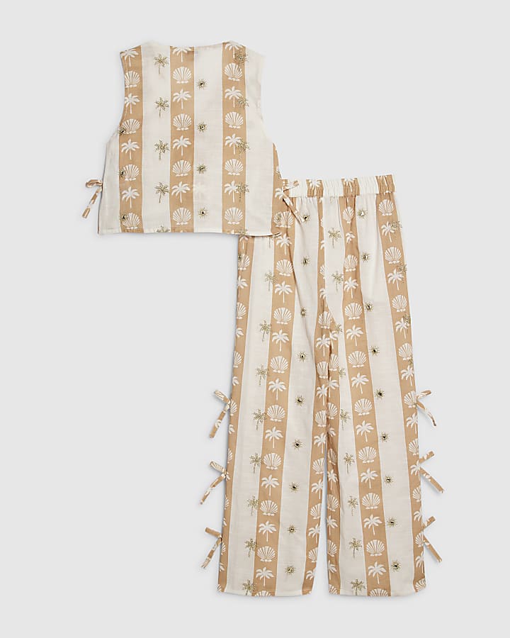 Girls Cream Shell Stripe Trouser Set