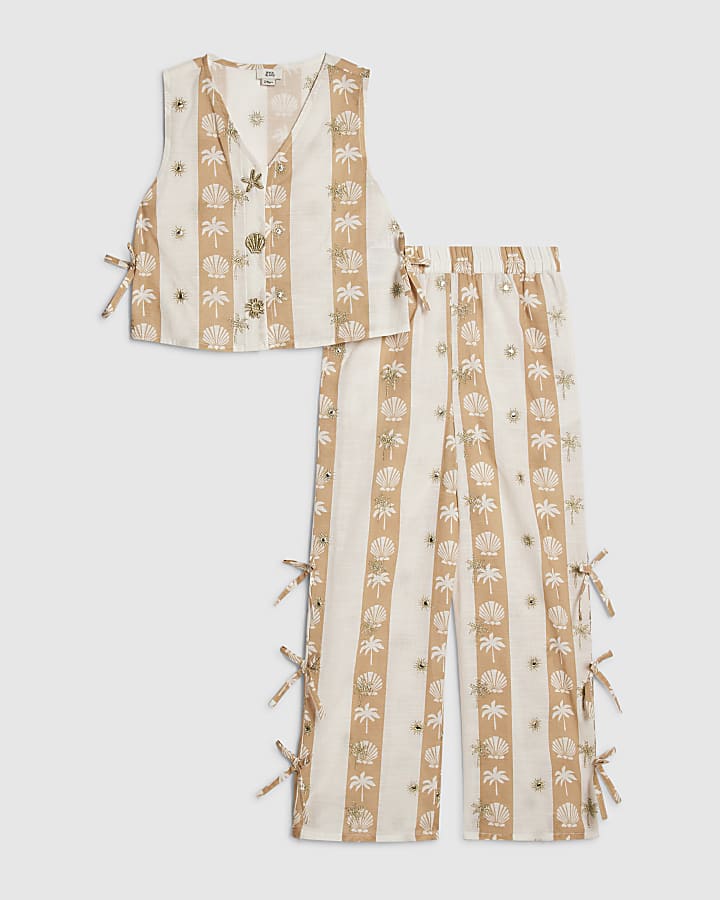 Girls Cream Shell Stripe Trouser Set