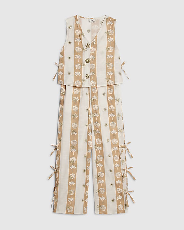 Girls Cream Shell Stripe Trouser Set