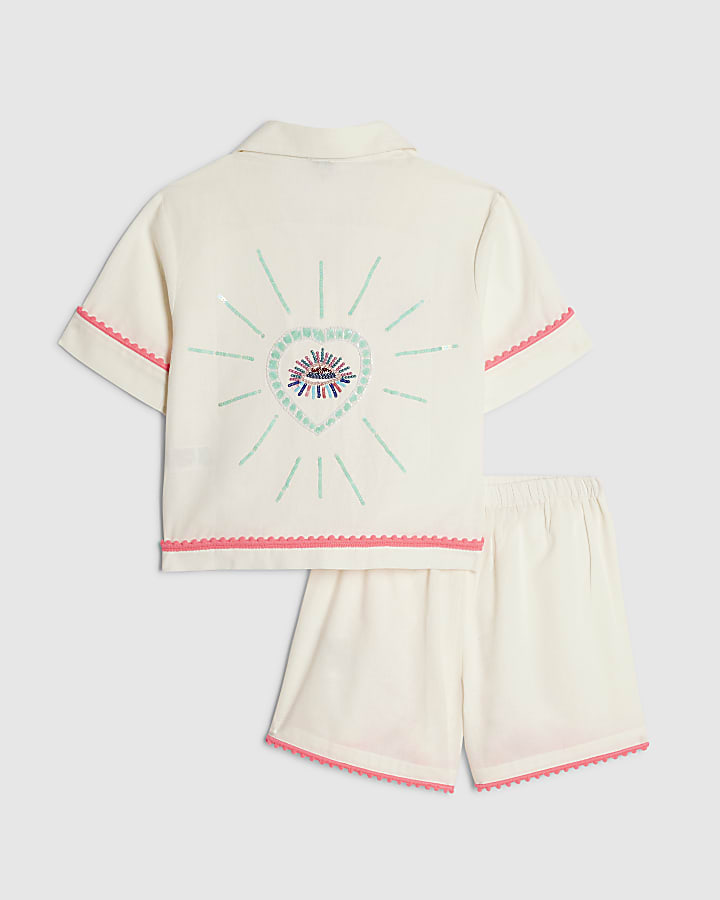 Girls White Embellished Shirt And Skort Set