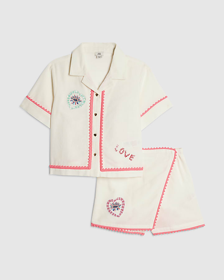 Girls White Embellished Shirt And Skort Set