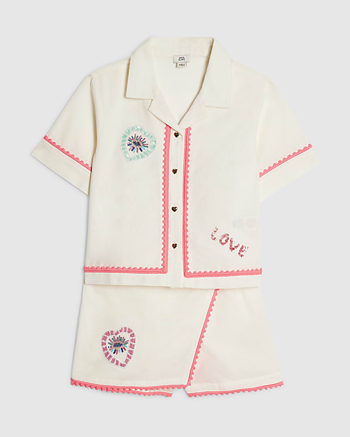 Girls White Embellished Shirt And Skort Set