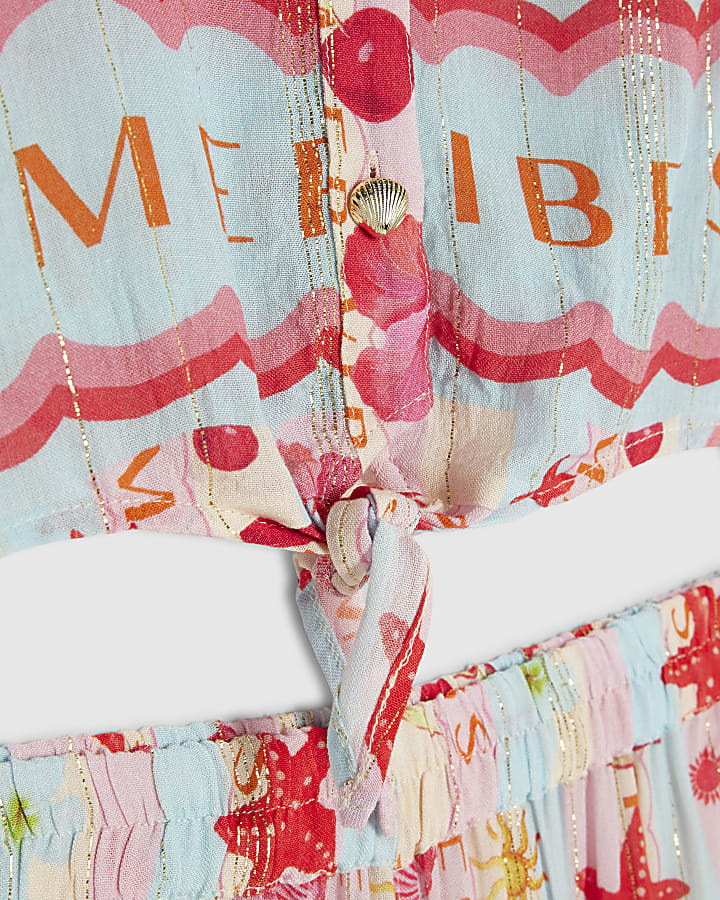 Girls Blue Stripe Beach Print Trousers Set