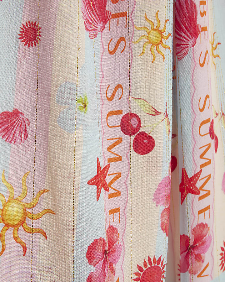 Girls Blue Stripe Beach Print Trousers Set