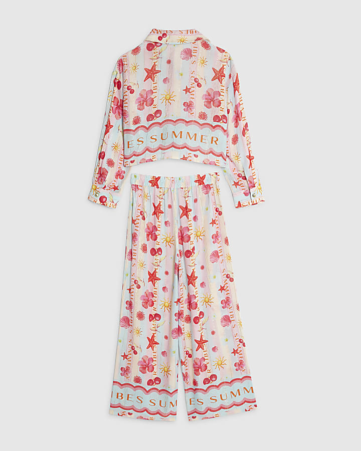 Girls Blue Stripe Beach Print Trousers Set