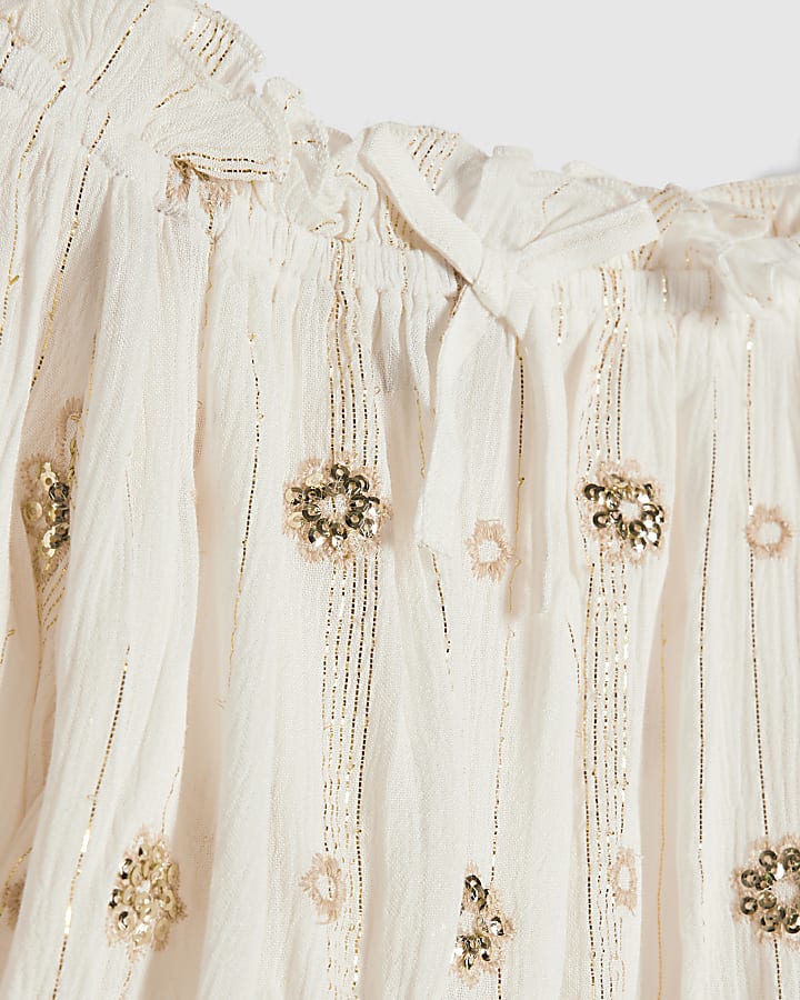 Girls Cream Embroidered Skirt Set