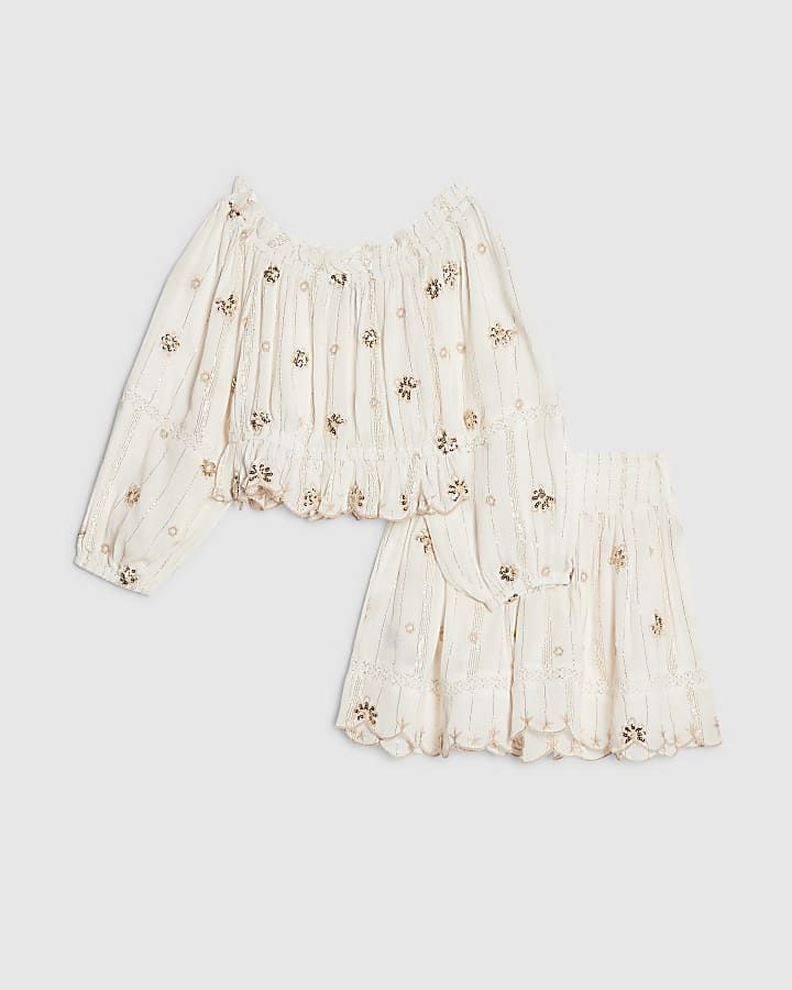 Girls Cream Embroidered Skirt Set