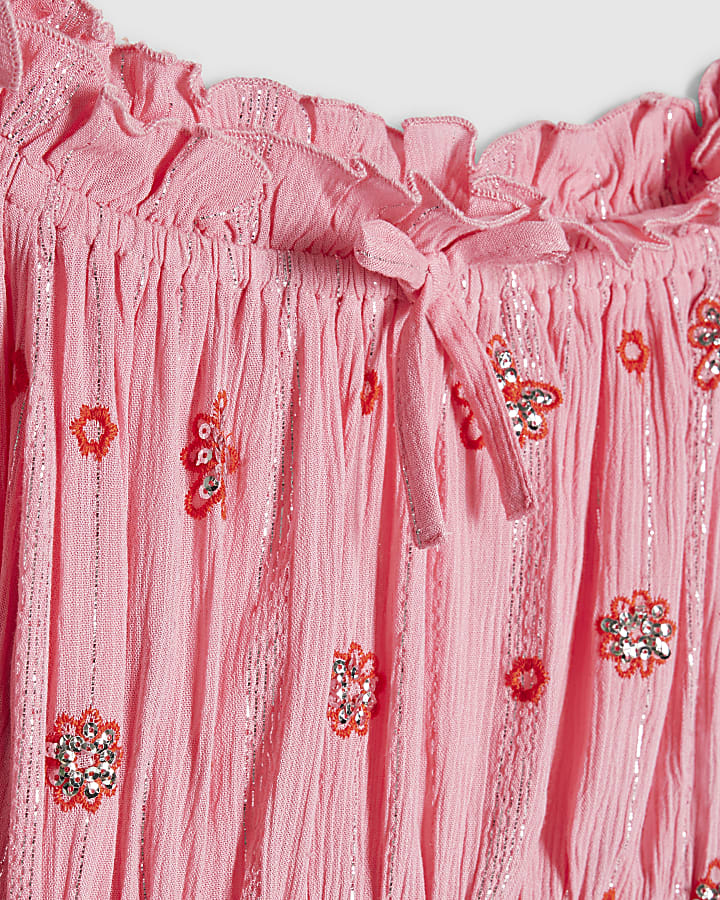 Girls Pink Embroidered Mirror Skirt Set