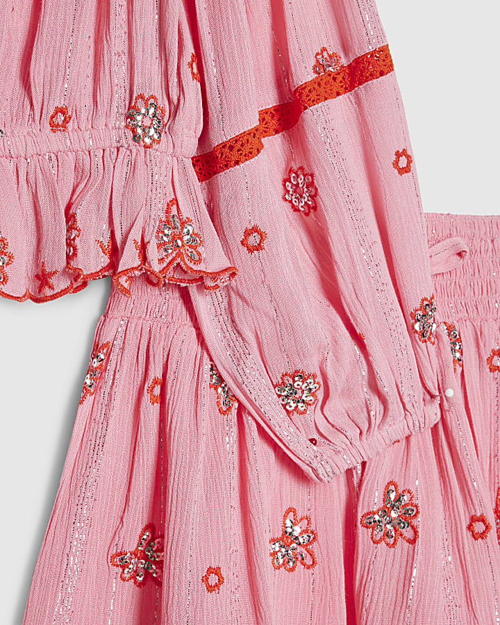 Girls Pink Embroidered Mirror Skirt Set