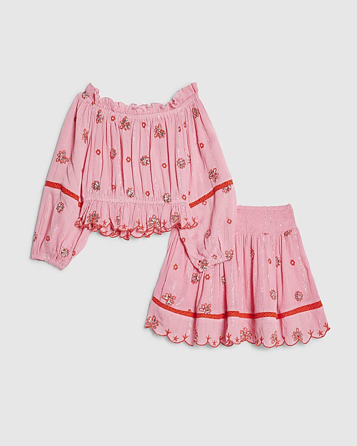 Girls Pink Embroidered Mirror Skirt Set