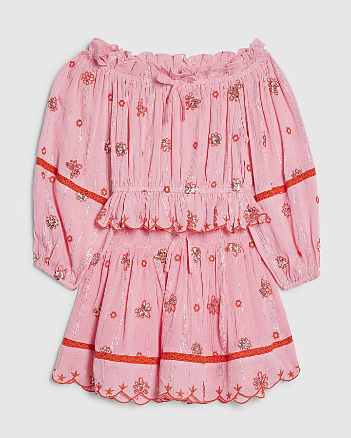 Girls Pink Embroidered Mirror Skirt Set