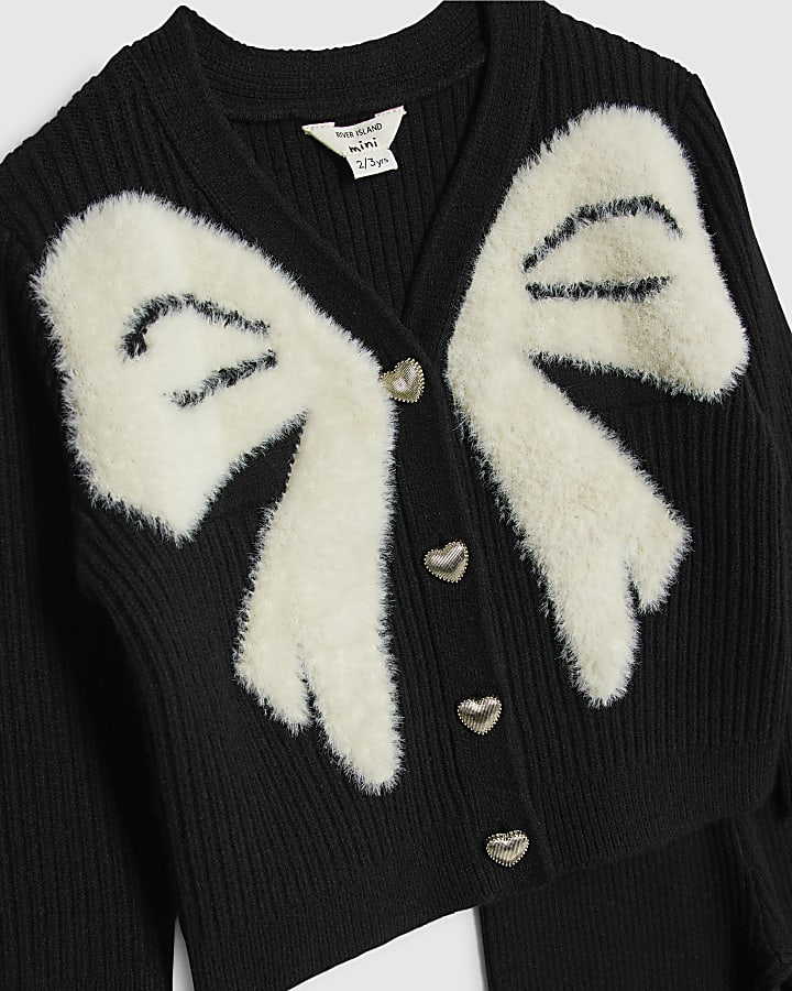 Mini Girls Black Bow Cardigan Flared Set