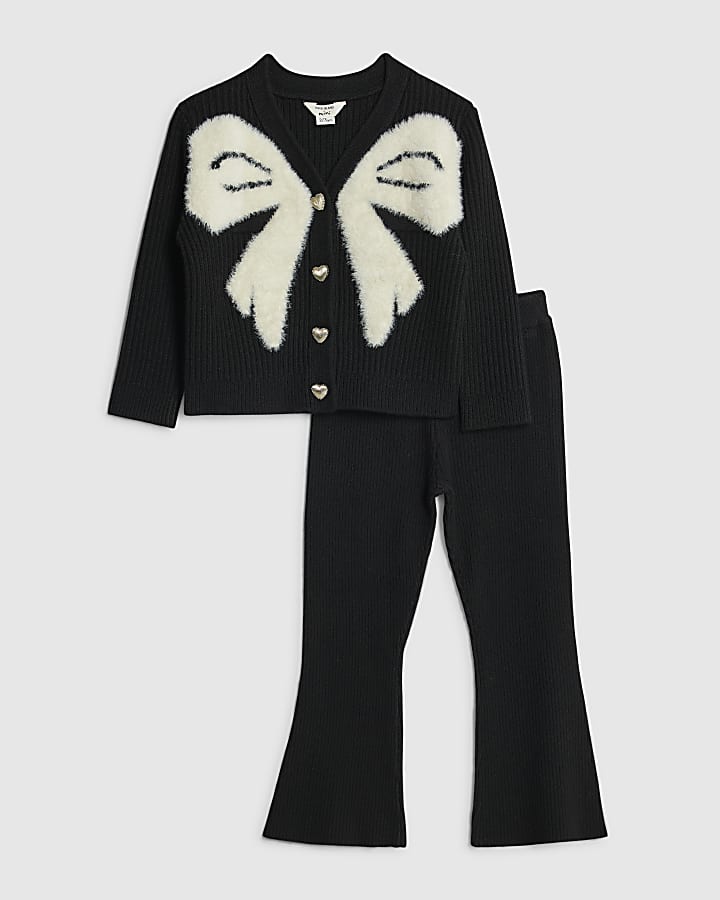 Mini Girls Black Bow Cardigan Flared Set