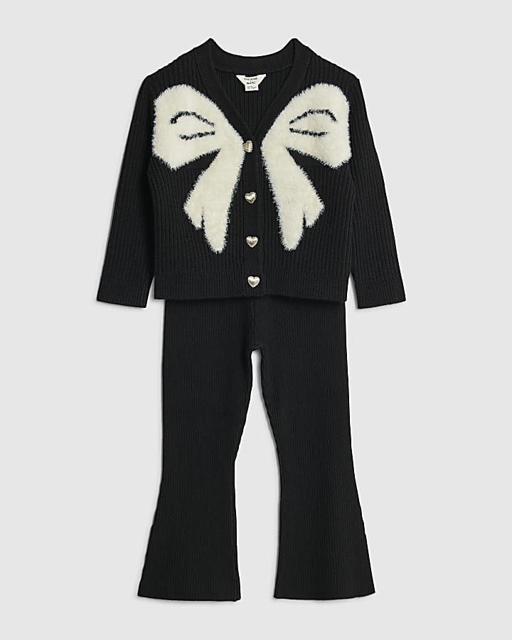 Mini Girls Black Bow Cardigan Flared Set