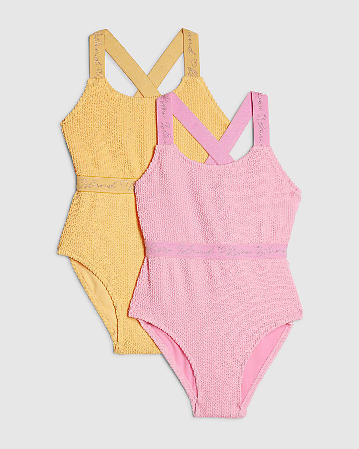Girls Pink Textured Pack Of 2 Swimsuits