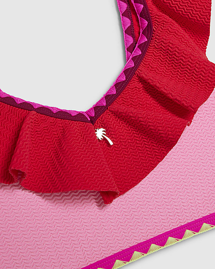 Girls Pink Textured Frill Bikini Set
