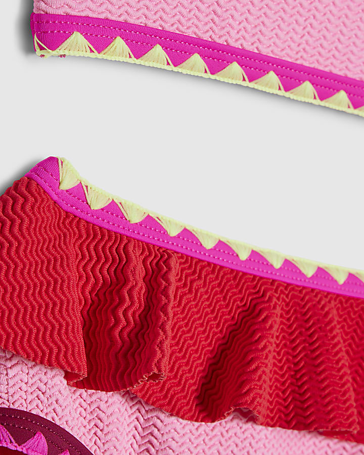 Girls Pink Textured Frill Bikini Set