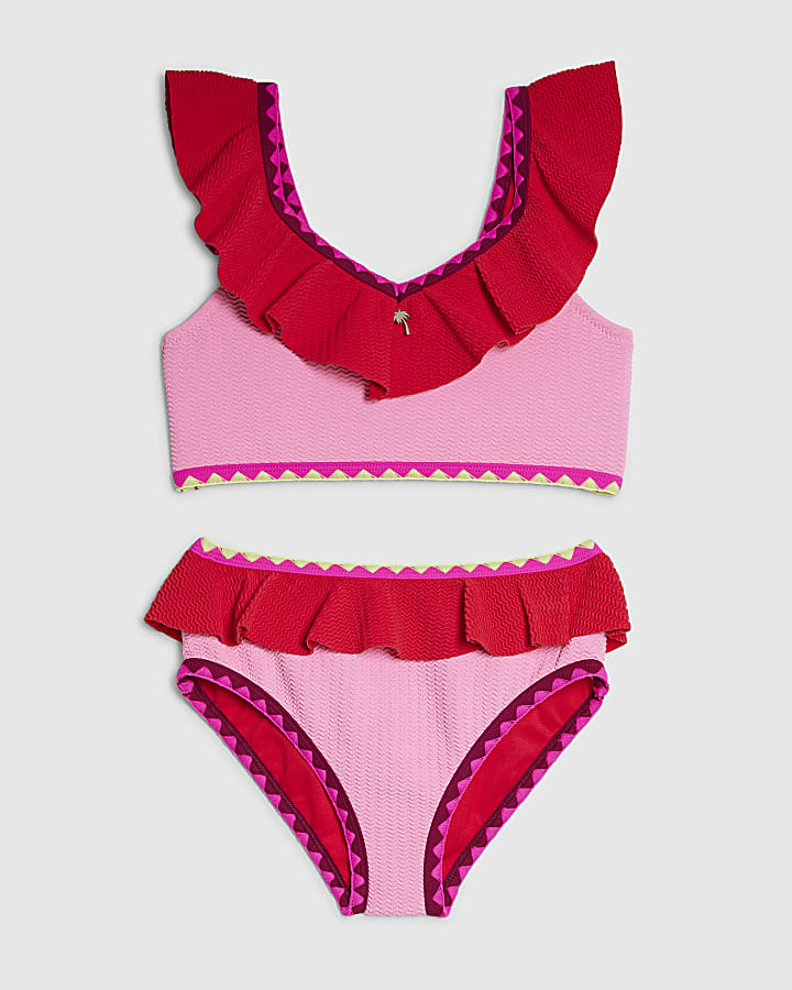 Girls Pink Textured Frill Bikini Set