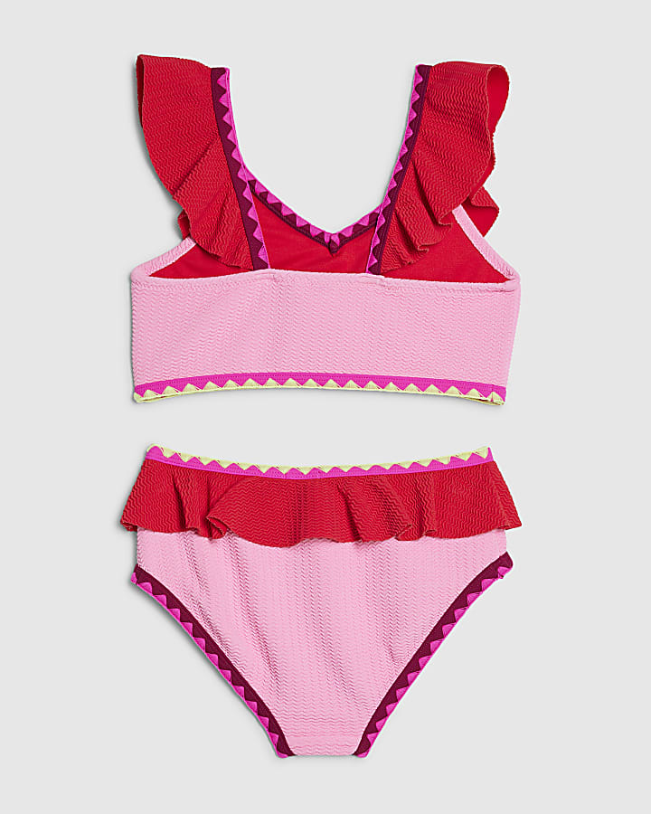 Girls Pink Textured Frill Bikini Set
