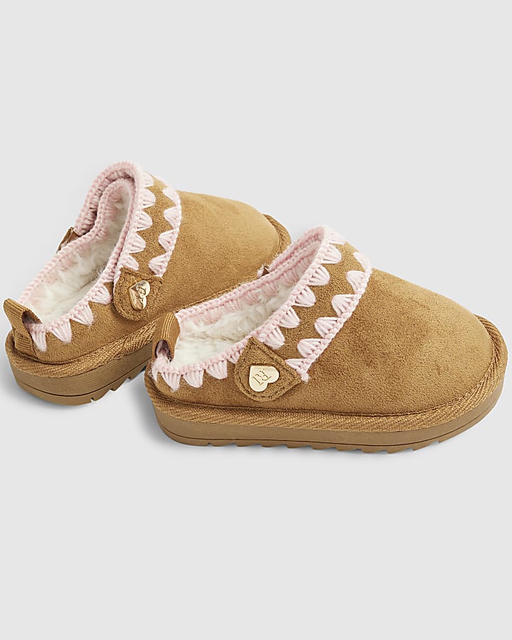 Mini Girls Beige Whipstitch Strap Slippers