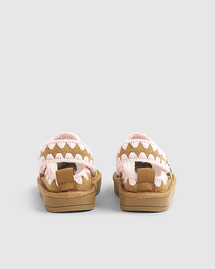 Mini Girls Beige Whipstitch Strap Slippers
