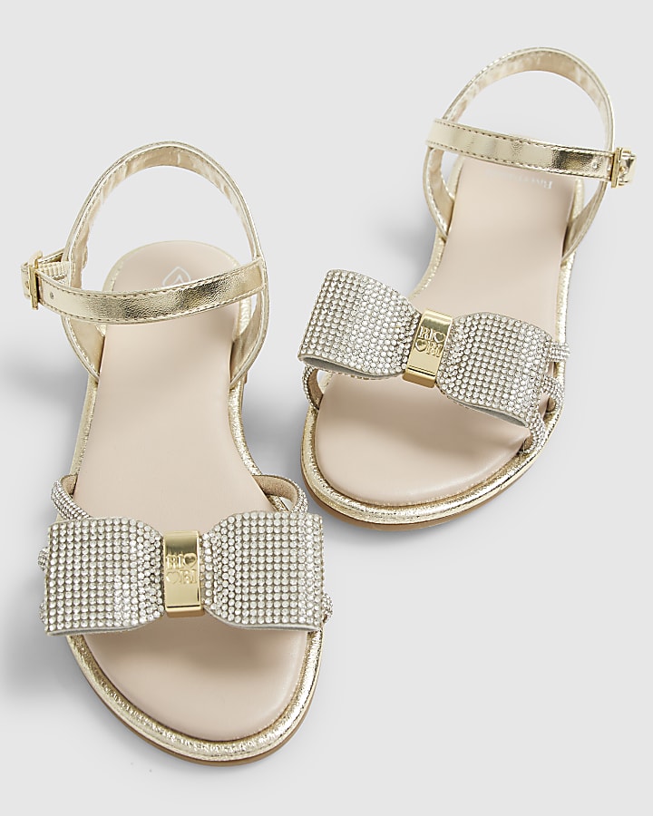 Girls Gold Diamante Strappy Bow Sandals