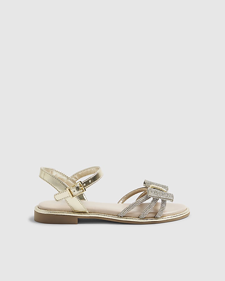 Girls Gold Diamante Strappy Bow Sandals