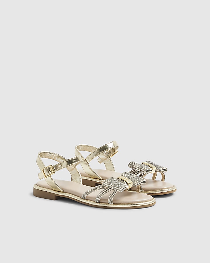 Girls Gold Diamante Strappy Bow Sandals