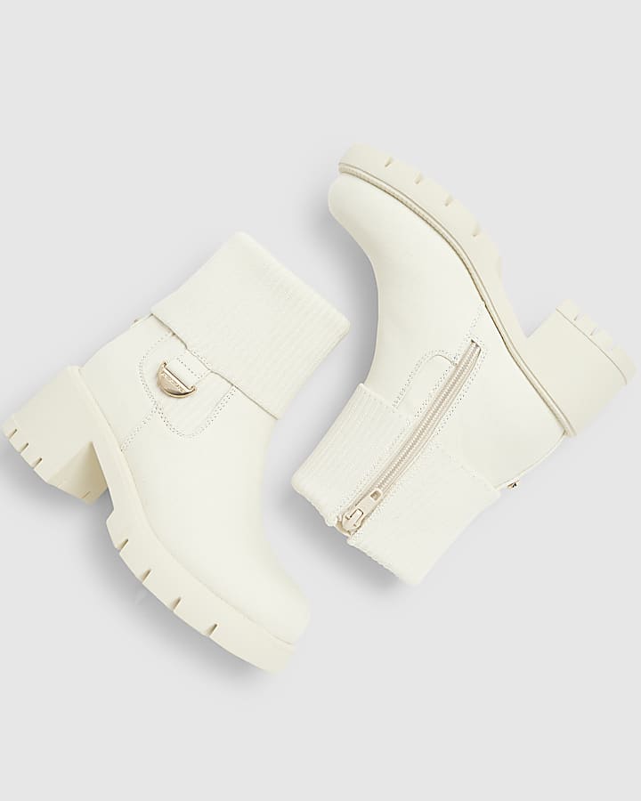 Girls Beige Canvas Knit Heel Boots