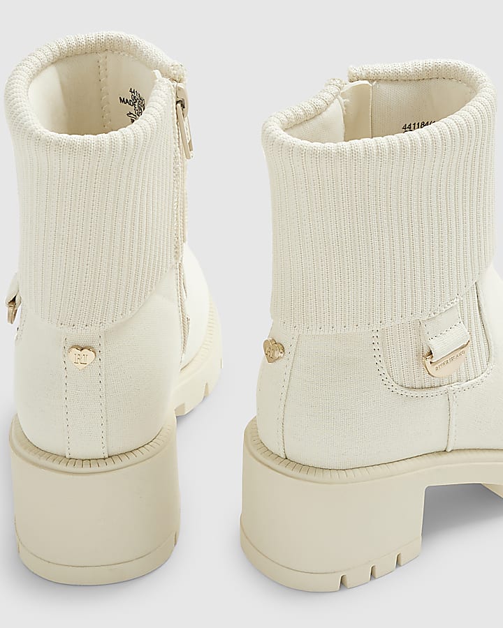 Girls Beige Canvas Knit Heel Boots
