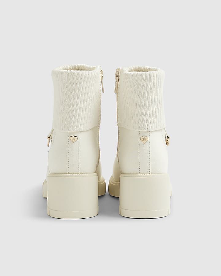 Girls Beige Canvas Knit Heel Boots