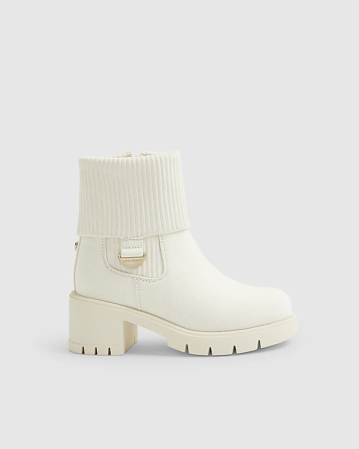 Girls Beige Canvas Knit Heel Boots