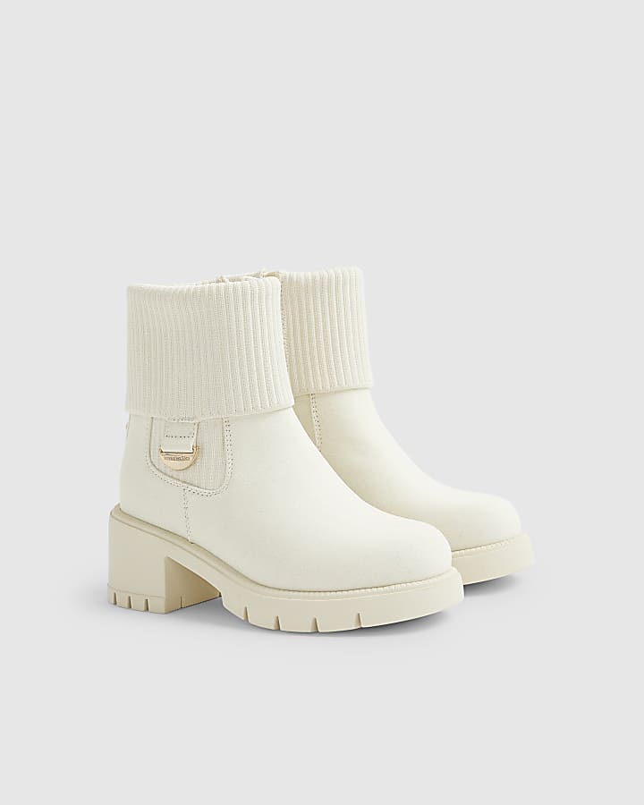 Girls Beige Canvas Knit Heel Boots